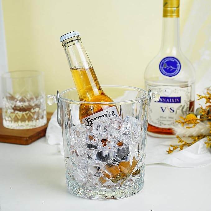 30.4oz Glass Ice Bucket with Handle Ice Tong 5 * 4.1inch Crystal Clear Cocktail Wine Champagne Cooler for Christmas Bar Parties Cocktail Accessories
