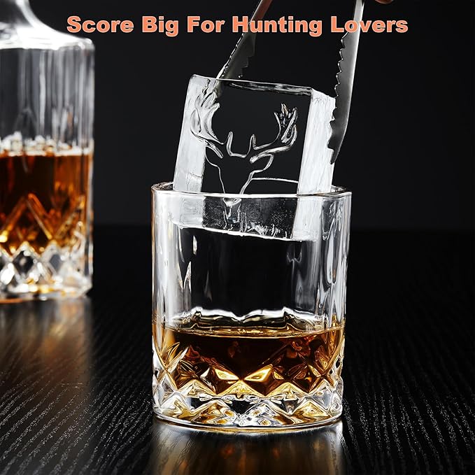 Clear Square Ice Cube Maker Mold for Whiskey Bourbon, Hunting Gifts for Men, Stocking Stuffers for Men, 4 Hunting Theme Ice Stamp Included
