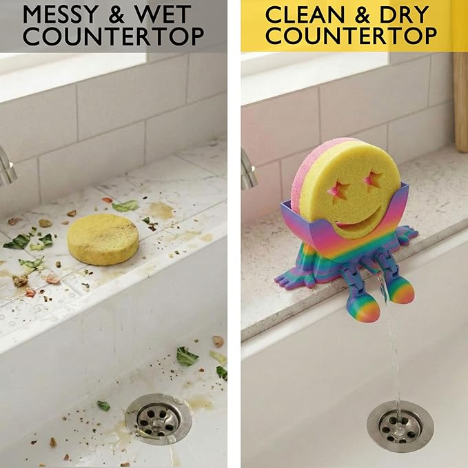 Cute Hanging Sponge Holder with Drainage & Legs, 3D Printed Funny Sink Stand for Round Sponges, Aesthetic Kitchen Sink Edge Organizer, Countertop Decor, Quick-Drying Storage Cleaning Gadget