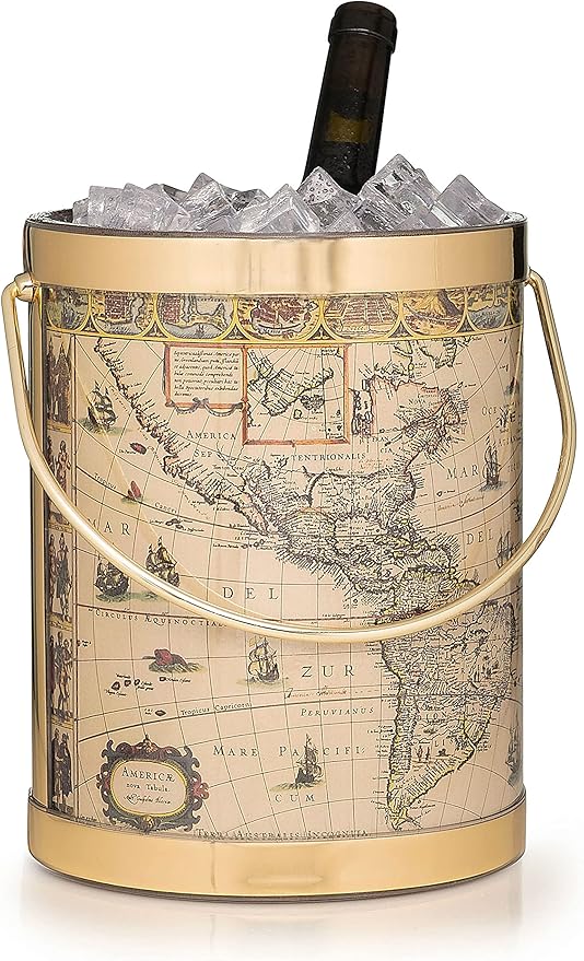 Made In USA Metallic Deco Collection Double Walled Insulated Ice Bucket With Ice Tongs (5-Quart, Vintage Americas Map)