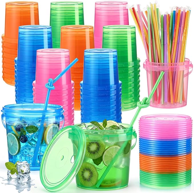 Funnymoom 72 Pack 25 oz Plastic Rum Buckets Bulks for Drinks with Straws Reusable Ice Cream Cocktail Cups Neon Party Bucket with Lids Handles Food Containers Cup for Summer Beach Bar Beer