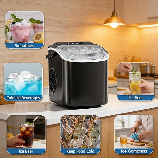 Antarctic Star Pro-Grade Countertop Ice Maker, 8 Cubes in 6 Mins, 26lbs/Day, Self-Cleaning, 2 Sizes, Ultra-Quiet for Home Bar, Kitchen, Office & Entertaining
