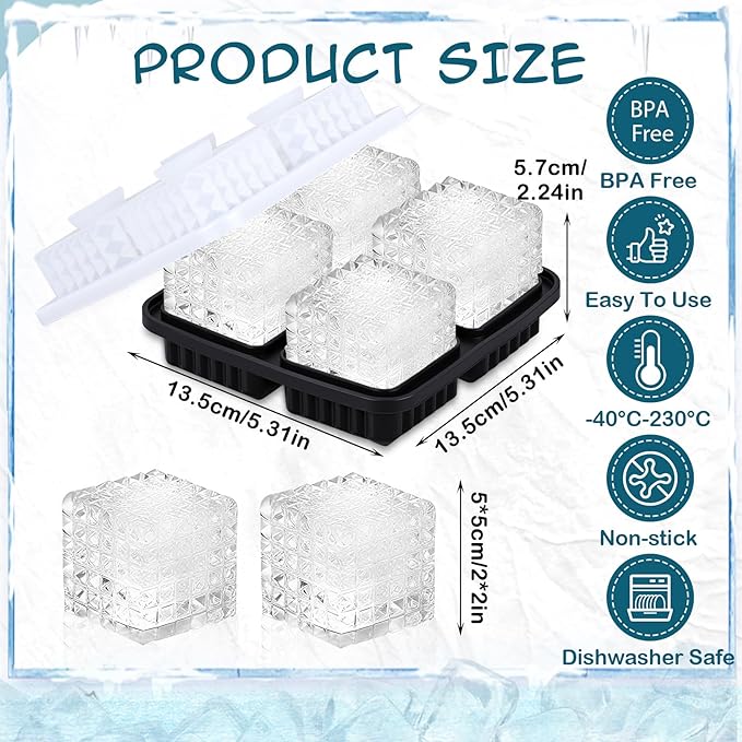 Hoolerry 2 Pcs 3D Square Silicone Ice Cube Tray 2.2" Large Square Cube Mold 4 Hole Fun Shapes Big Mold with Funnel for Whiskey Cocktails Bourbon Chilling