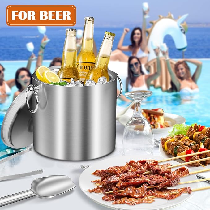 Ice Bucket with Lid & Tong- Well Made Insulated Stainless Steel Keep Ice Frozen Longer - Ideal for Cocktail Bar, Parties, Chilling Wine, Champagne - 3 Liter (Stainless Steel)