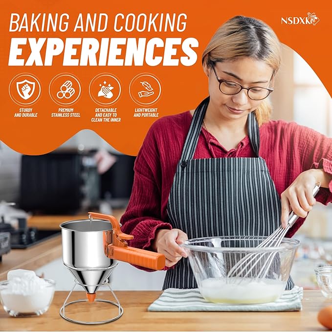 40oz Pancake Batter Dispenser, Stainless Steel Cake Dispenser with Stand, Great for Pancakes, Cupcake, Waffle or Any Baked Goods, Durable, Leak-Free, Cosmic Orange