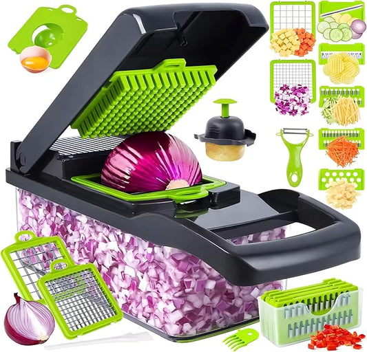 16-in-1 Vegetable Chopper with Container, Onion Chopper & Mandoline Slicer, Veggie Cutter Food Dicer for Onion, Potato & Tomato, BPA-Free Kitchen Gadgets Vegetable Cutter
