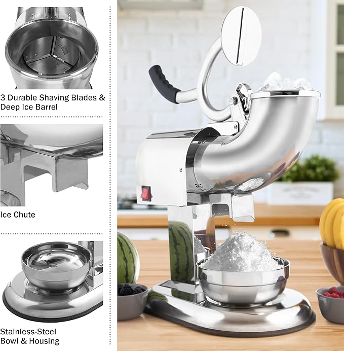Snow Cone Machine - Ice Shaver with Powerful 250W Motor - Easy to Use Countertop Crushed Ice Maker by Great Northern Popcorn (Stainless-Steel)