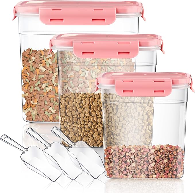 Patelai 6 Pcs Dog and Cat Food Storage Containers with Scoops Set Plastic Pet Food Storage Containers Stackable Airtight Dry for Kitchen 1.27 Qt, 2.4 Qt, 4 Qt(Pink)