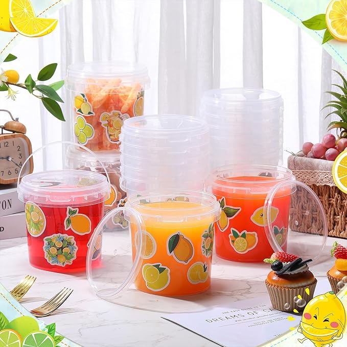 PerKoop 20 Pcs 32 oz Ice Cream Buckets with Lids and Handles Clear Cocktail Rum Buckets with Stickers Plastic Transparent Tub Reusable Food Storage Containers for Parties(Lemon)