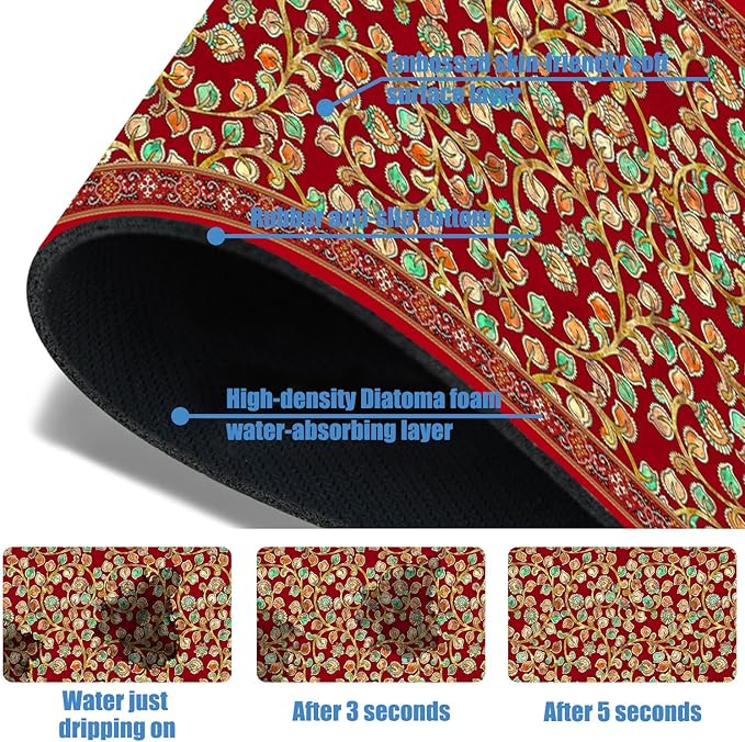 Sink Splash Guard Faucet Mat Red Retro Boho Flowers Absorbent Fast Drying Mat Sink Gadgets Splash Guard Behind Faucet Drip Catcher for Kitchen Bathroom 15.5"X5.5"