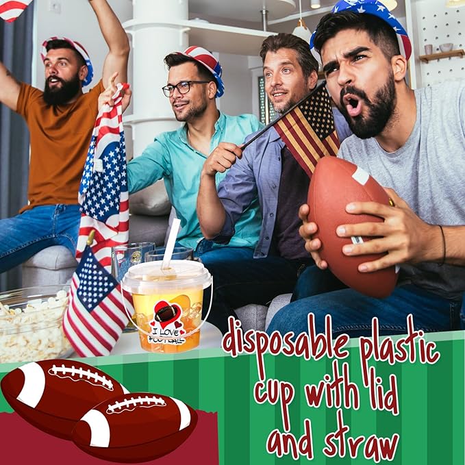 Funnymoom 30 Set Football Clear Plastic Cups with Lids & Straws 24oz Disposable Rum Drink Buckets Bulk for Cocktail Parties with Handles & Stickers for Holiday Birthday Beach Pool Party Supplies