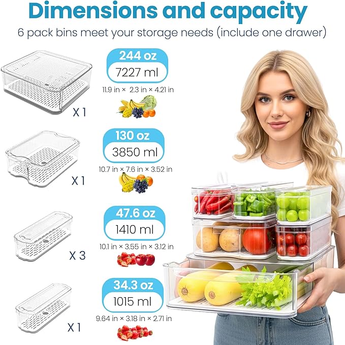 SMRCAD 6 Pack Refrigerator Organizers, Clear Pull-out Drawer Container and Organizer Bins with Lids, Stackable Storage Containers for Fruits, Vegetable (Set of 6 (Include Pull Out Drawer))