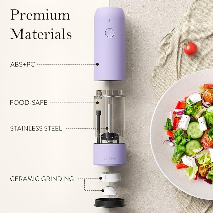 Ultrean Pepper Grinder, Rechargeable Salt and Pepper Grinder with 6 Adjustable Coarseness, LED Light, Automatic Salt and Pepper Shakers, Kitchen Gadgets, Gifts for Women, Lavender Purple