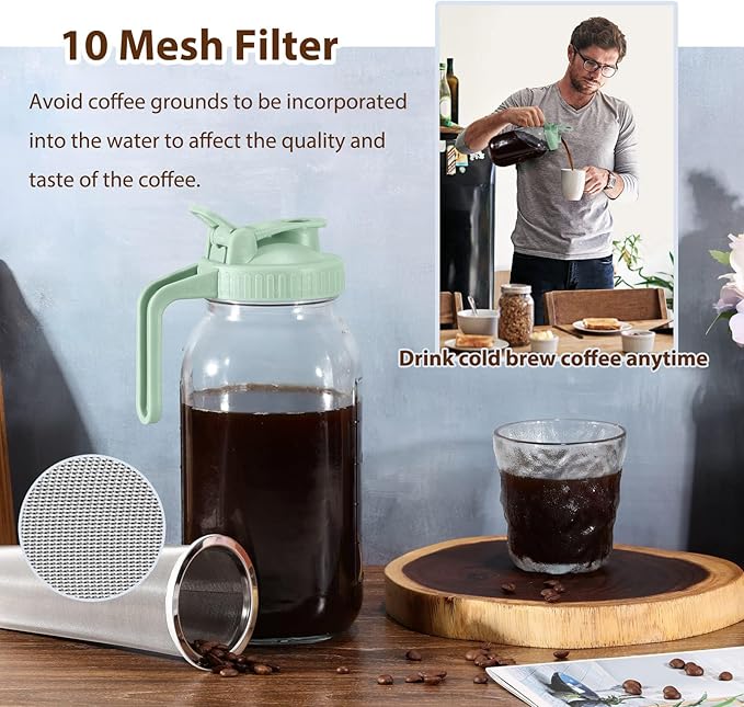 Glyntrof Cold Brew Coffee Maker Pitcher, Green 64 Oz Heavy Duty Wide Mouth Glass Mason Jar pour spout Lid with Stainless Steel Filter for Iced Coffee, Ice Drinks
