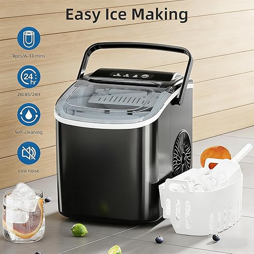 Antarctic Star Pro-Grade Countertop Ice Maker, 8 Cubes in 6 Mins, 26lbs/Day, Self-Cleaning, 2 Sizes, Ultra-Quiet for Home Bar, Kitchen, Office & Entertaining