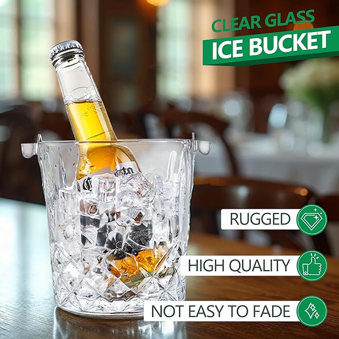 30.4oz Glass Ice Bucket with Handle Ice Tong 5 * 4.1inch Crystal Clear Cocktail Wine Champagne Cooler for Christmas Bar Parties Cocktail Accessories
