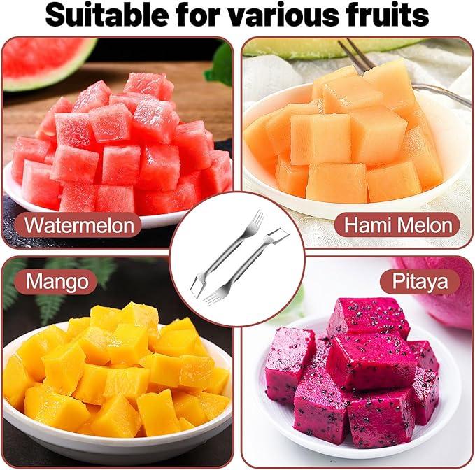 2-in-1 stainless steel fruit slicer,2025 new upgraded portable watermelon fork, fruit fork slicer suitable for home, party, camping and kitchen small tools (6pcs)
