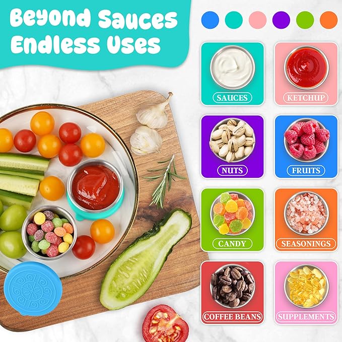 LIEMAND 6x2.7 oz Salad Dressing Container to Go, Leakproof Reusable Stainless Steel small container with lid,Sauce Containers for Lunch box,Picnics,Travel,Office and Meal Prep