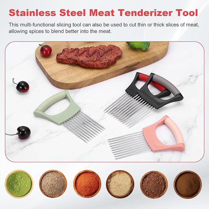 uxcell 4 Pcs Onion Slicer Holder, Stainless Steel Vegetable Cutting Holder Food Cutter Tool for Slicing Storing Onions Tomatoes Potatoes Avocados Apples, Black Red/Black Grey/Green/Pink
