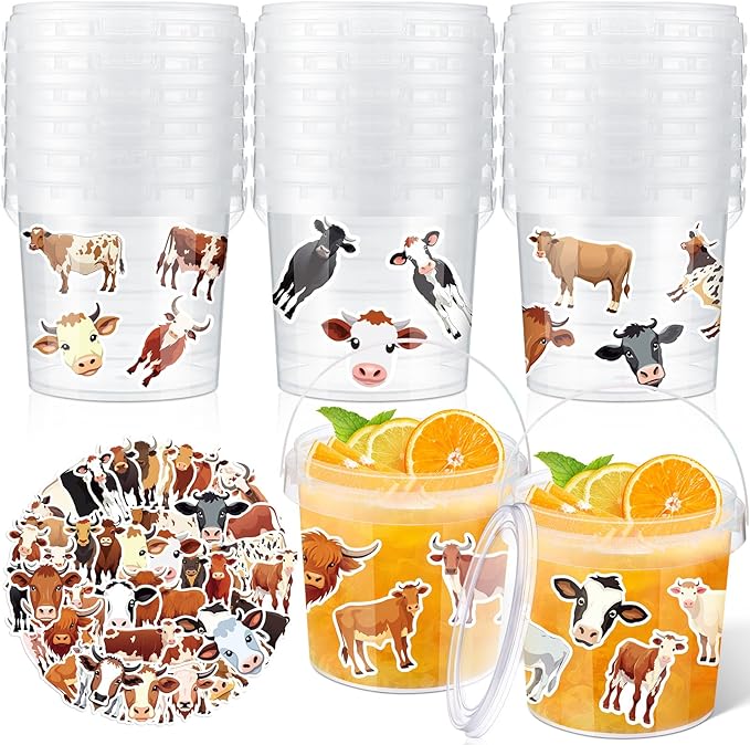 PerKoop 20 Pcs 32 oz Ice Cream Buckets with Lids and Handles Clear Cocktail Rum Buckets with Stickers Plastic Transparent Tub Reusable Food Storage Containers for Parties(Cow)