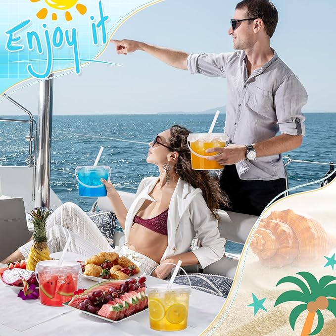 Funnymoom 50 Set 51oz Clear Plastic Drink Buckets with Lids and Straws Disposable Iced Coffee Cups Rum Buckets for Cocktail Parties Smoothie Cup Bulk with Handles for Beach Pool Party Supplies
