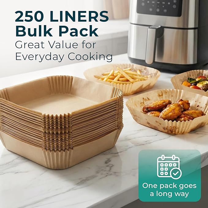 Cathy Yoder's AirFryer Paper Liners, 250 PCS 8 inch Square Air Fryer Liners Disposable, Premium, Food-Grade Easy Cleanup Air Fryer Parchment Paper Sheets, Airfryer Liner for 5-8QT, Baking & Roasting