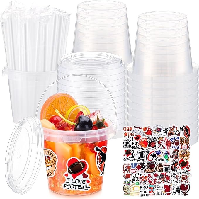 Funnymoom 30 Set Football Clear Plastic Cups with Lids & Straws 24oz Disposable Rum Drink Buckets Bulk for Cocktail Parties with Handles & Stickers for Holiday Birthday Beach Pool Party Supplies