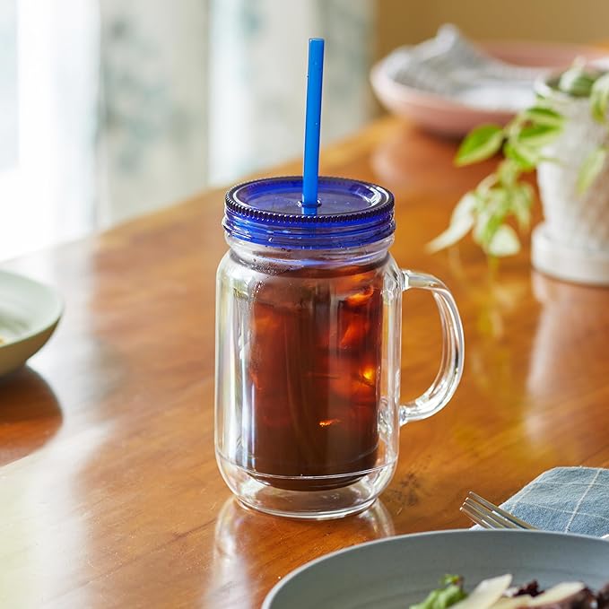 Plastic Mason Jars with Handles, Lids and Straws | 20 oz Double Insulated Tumbler with Straw | 4 Pack Set of 4 | Wide Mouth Mason Jar Mugs | Cups for Kids and Adults…
