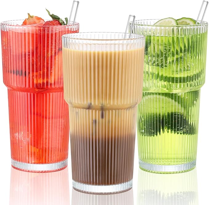 CWHHRN 20 oz Glass Cup and Straw 3 Set, Glass Tumbler with Straw, Vintage Glassware for Whiskey Cocktail Beer, Iced Coffee Cups (3 PACK)