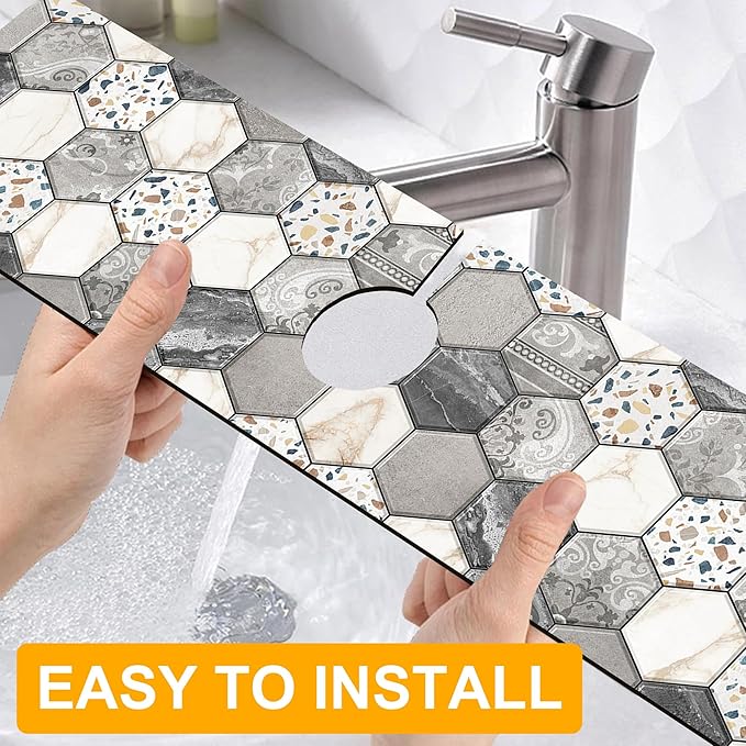 2 Pack Hexagon Marble Sink Splash Guard Faucet Mat Gold Glitter Lines Marble Super Absorbent Fast Drying Mat Sink Gadgets-Splash Guard Behind Faucet Drip Catcher for Kitchen Bathroom, 23.5"x5.5"