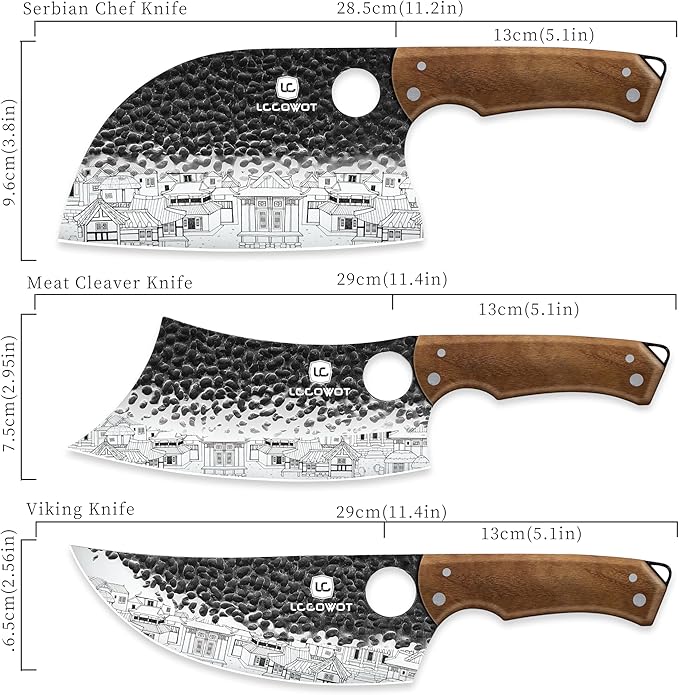 3PCS Butcher Knife Set, includes 7" Butcher Meat Cleaver, 7" Serbian Chef and 6.5" Viking Knife, Stainless Steel Kitchen Knife Set with Wood Handle, Geat for Indoor&Outdoor (Stylish Pattern)