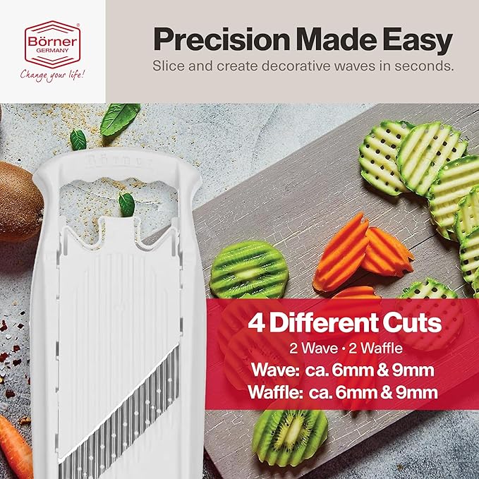 Swissmar Borner PowerLine Wave Waffle Cutter – Mandoline Slicer for Potato, Veggie, and Fruit – Create Attractive Waffle Cuts for Apples, Potatoes, and More – White