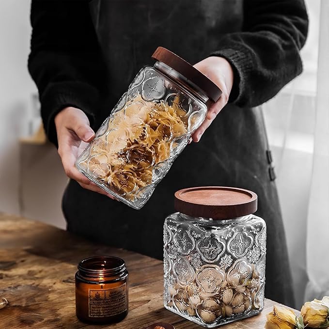 Custde Glass Storage Jars With Airtight Lid, 23.7oz Container For Kitchen Counter with Wooden Lid, brown sugar, candy, coffee, cookie, salt, tea, cute Jar (35oz Large Begonia Flowers)