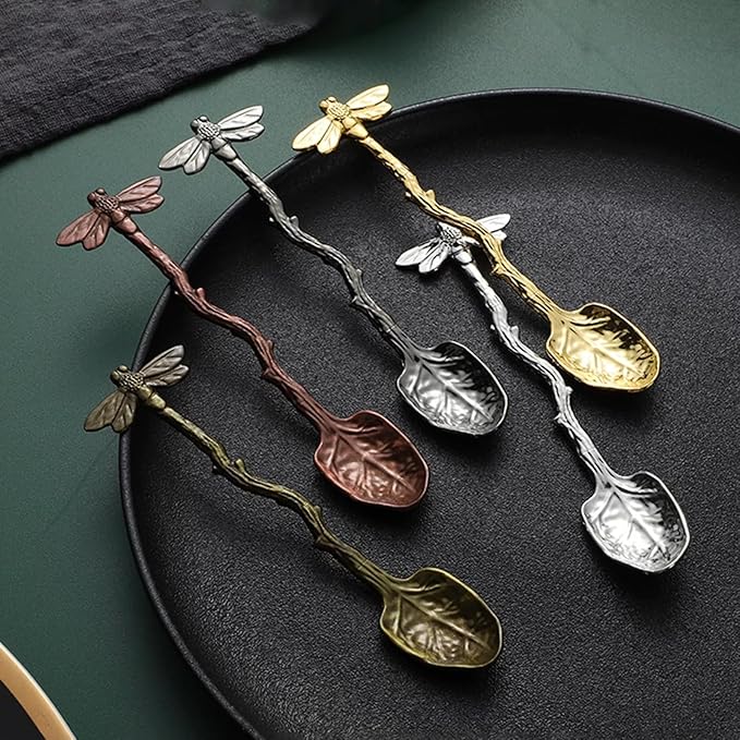 Retro Dragonfly Coffee Teaspoon - Stainless Steel Tableware Creative Sugar Spoon, Stir Bar, Dessert and Cake Spoon - Long Handle Kitchen Gadget Antique (Gold)