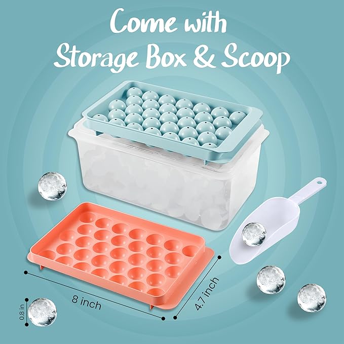2 Pack Round Ice Cube Tray with Lid, Bin & Scoop - 0.8" 66PCS Tiny Sphere Ice Ball Maker Molds, Stackable Ice Trays for Freezer, BPA-Free Plastic Iced Bucket Kits for Cocktails/Whiskey/Coffee/Drinks