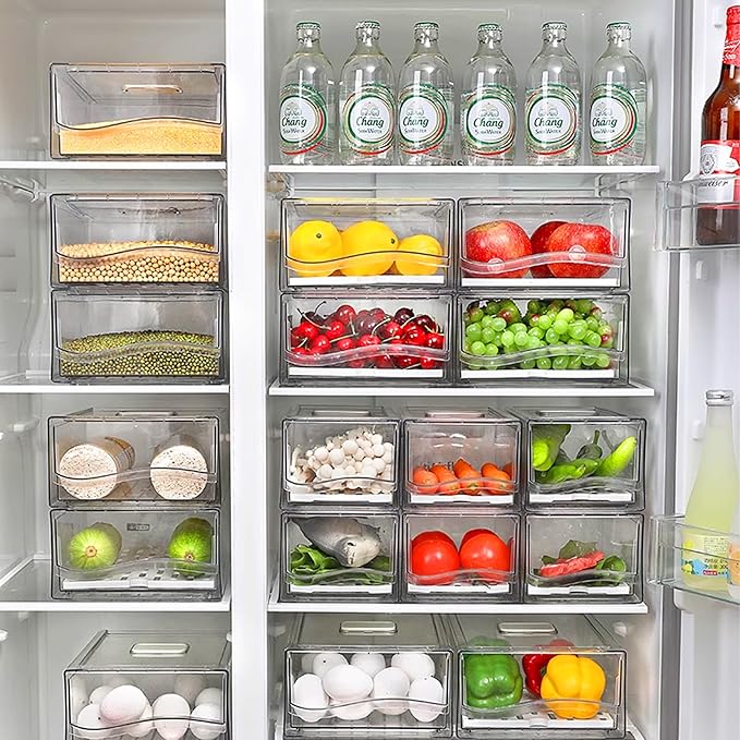 2 Pack Fruit Storage Containers for Fridge, Stackable Refrigerator Organizers with Strainer Layer,Reusable Storage Containers Clear Fridge Drawer for Produce,Vegetable in Kitchen,Fridge,BPA-Free