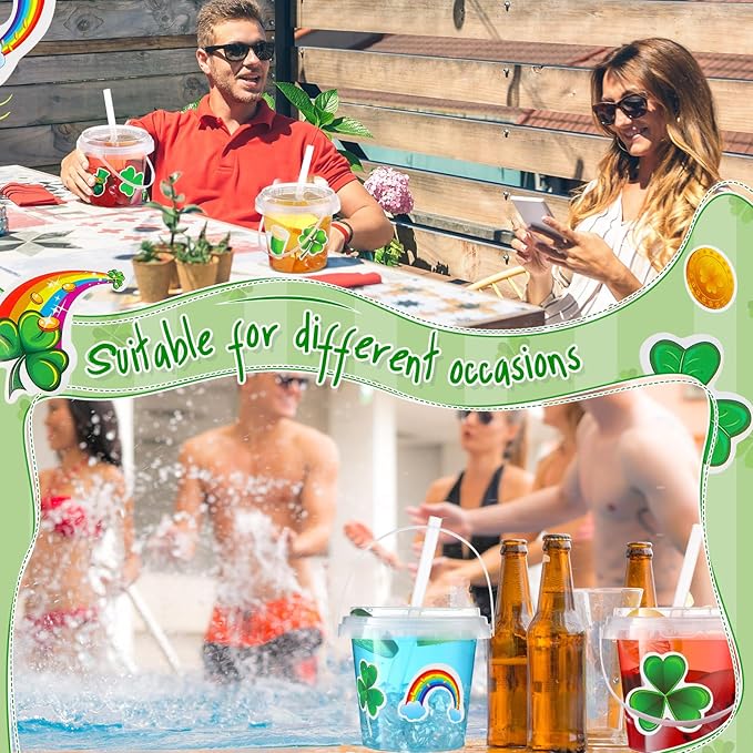 Funnymoom 30 Set St. Patrick's Day Cups 24oz Clear Plastic Rum Buckets with Lids Straws & Shamrock Stickers Disposable Pot of Gold Treat Pails Irish Green Party Favors for Adults Pub Crawl