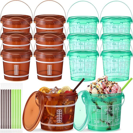 12 Set 25 oz Football Field Plastic Drink Buckets with Straws Handles Lids Reusable Cocktail Rum Buckets 750ml Smoothie Milk Tea Cups Food Containers Pails Sport Party Supplies