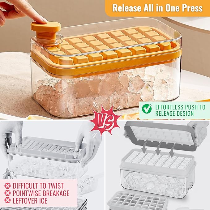Ice Tray with Lid and Bin, 64 Cube Silicone Mold with Easy Release Bottom, Stackable Design, BPA Free Material, Includes Scoop & Storage Box, Iced Coffee, Cocktails and Beverages