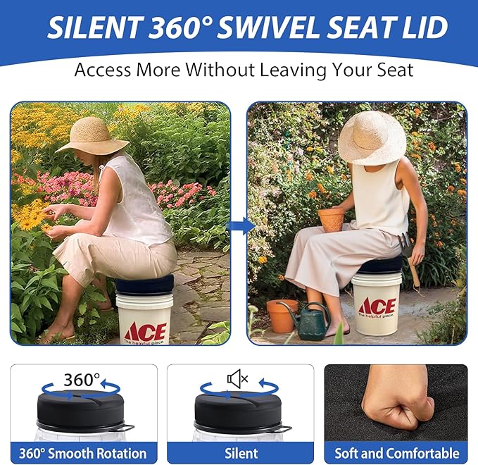 5 Gallon Bucket Seat with 3" Thick Seat Foam Cushion, 360°Swivel Bucket Lid Seat, Waterproof & Silent Bucket Seats for Ice Fishing, Baseball, Hunting and Camping