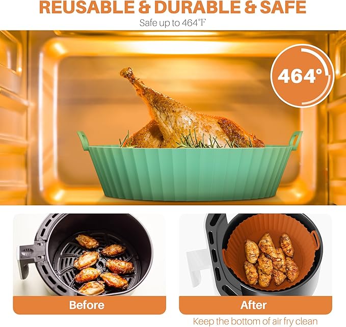 ME.FAN Air Fryer Silicone Liners for 4 to 7 QT [2 Pack] Reusable Air Fryer Basket with Handles & Holes Light Grey + Teal Blue