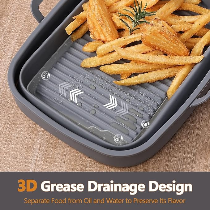 Collapsible 2-Pack Air Fryer Silicone Liners for 10QT NINJA Foodi Dual, Reusable Rectangular Silicone Basket Pot for Air Fryer Accessories (Gray)