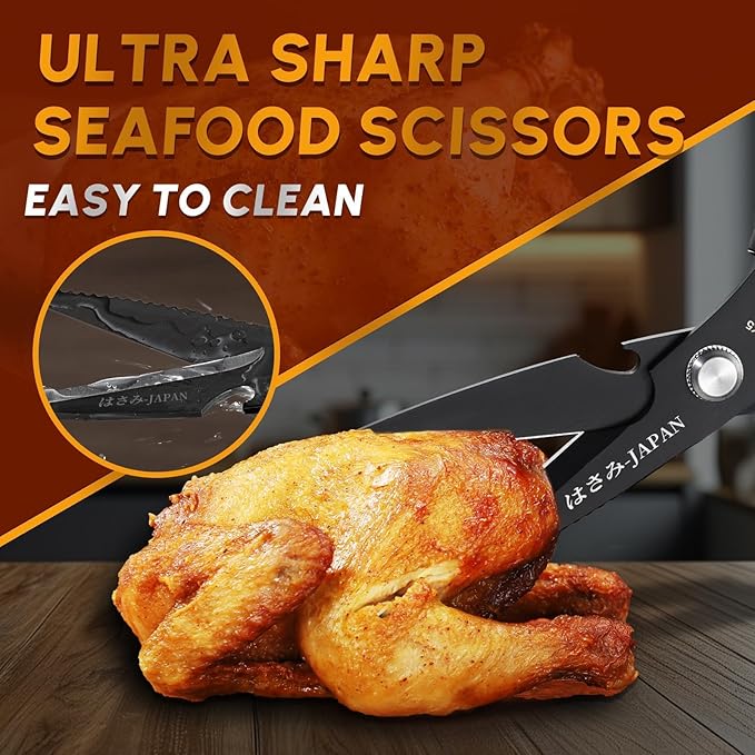 Huusk Kitchen Shears Set Black - Professional Seafood & Kitchen Scissors Set, Sharp Japanese-Style Meat Scissor for Crab, Shrimp, Lobster, Herbs and Food Prep, Christmas Gifts for Men Women