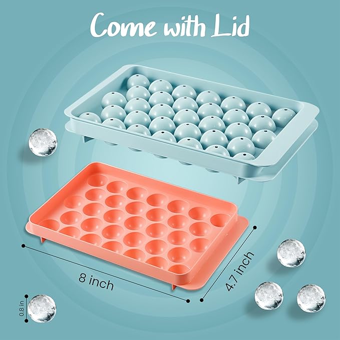2 Pack Round Ice Cube Trays - 0.8" 66PCS Tiny Sphere Ice Ball Maker Molds, BPA-Free Plastic Stackable Circle Ice Cube Tray for Freezer with Lid, Mini Sphere Ice Mold for Cocktail/Whiskey/Coffee/Drinks