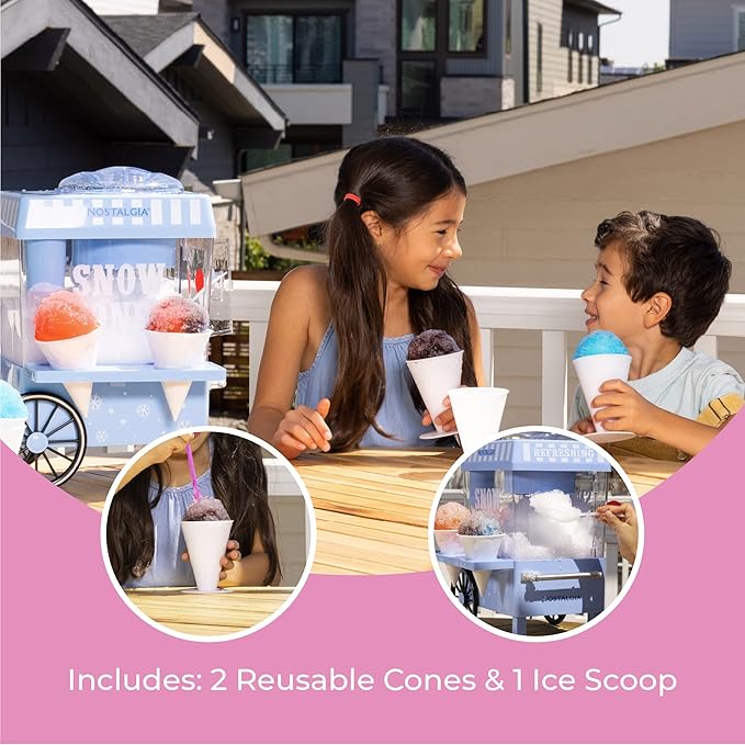 Nostalgia Snow Cone Machine – Retro Table-Top 8 Oz Snow Cone Maker Makes 20 ICY Treats– Countertop Slushie Machine Includes 2 Reusable Plastic Cups & Ice Scoop-Vintage Blue