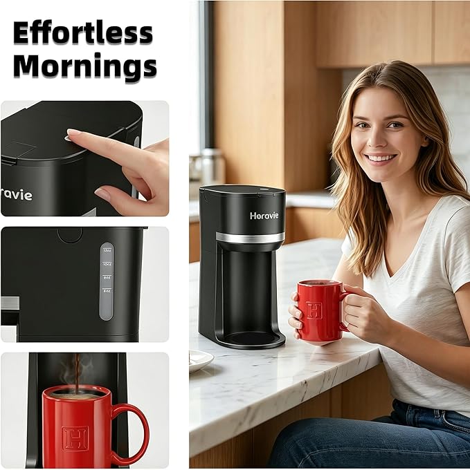 Horavie Small Single Serve Coffee Maker for K Cup and Grounds, Fast Brew One Cup Coffee Machine with One Button, 6 to 12 oz. Brew Sizes, Perfect for Home and Travel, Black