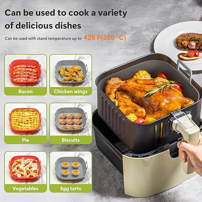 Li&Zhao Silicone Air Fryer Liners Reusable - 2 PCS Square Air Fryer Inserts Air Fryer Accessories 4 to 7 Qt Silicone Liners Basket for Kitchen (Red & Gray)