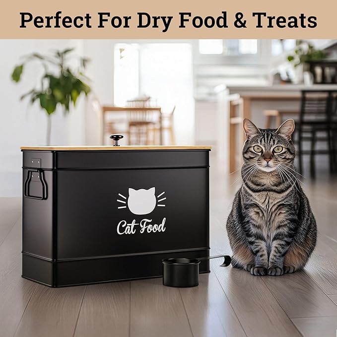 Cat Food Storage Container with Scoop - 15 lb (50 Cup) Capacity Metal Cat Food Container with Airtight Bamboo Lid & Metal Scoop - Airtight Pet Food Storage Containers - 15 lb Treats & Kibble Container