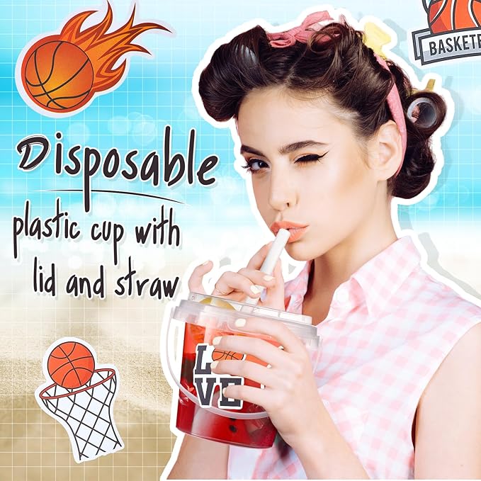 Funnymoom 30 Set Basketball Drink Buckets with Lids and Straws Clear Plastic Cups Disposable Rum Cocktail Pails with Handles & Stickers for Adult Sports Watch Party Favors Hoops Game Day & Tailgate