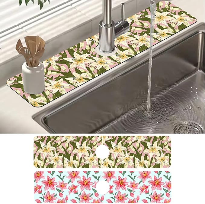 2 Pack Vintage Flowers Leaves Sink Faucet Absorbing Mat Colorful Llilies Super Absorbent Fast Drying Mat Sink Gadgets Behind Faucet Sinkmat for Kitchen Bathroom, 23.5"x5.5"